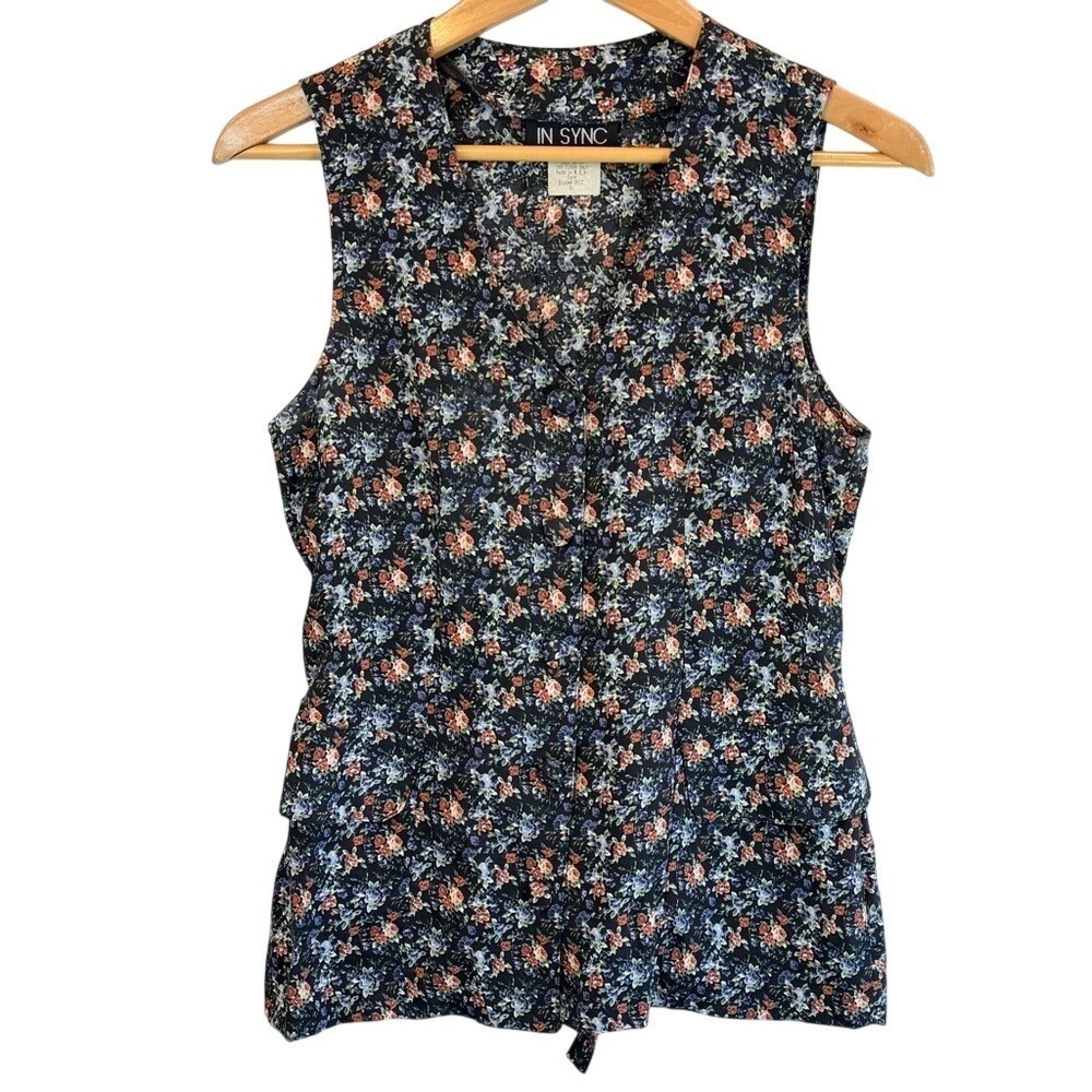 In Sync Ditsy‎ Floral Vest Top Women's Small Sleeveless Button Front Vintage